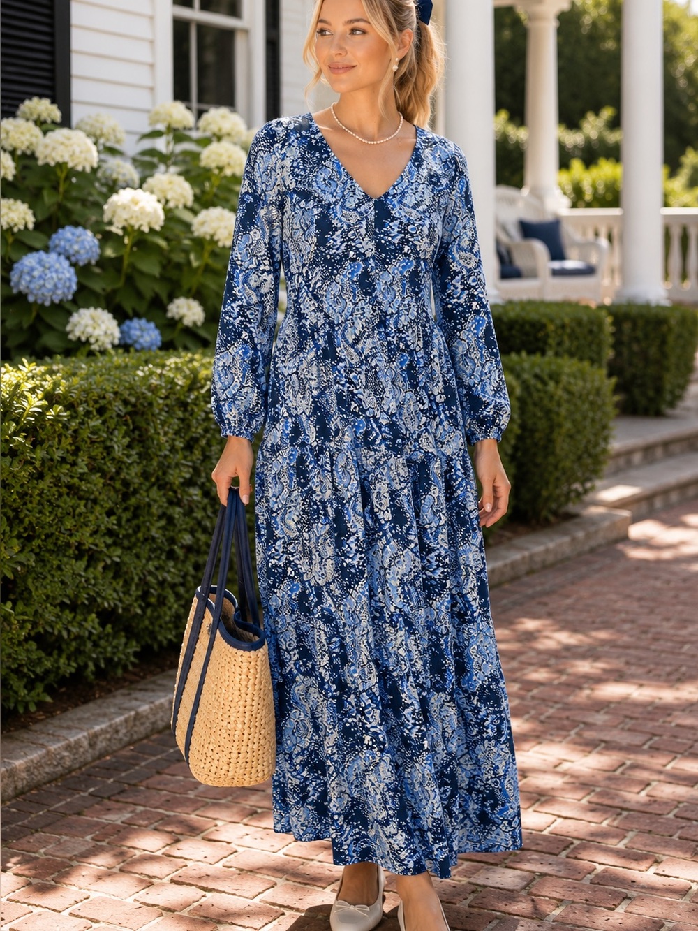 JOIE Blue Patterned Chiffon Tiered Poet Sleeve Resortwear Maxi Dress, M
